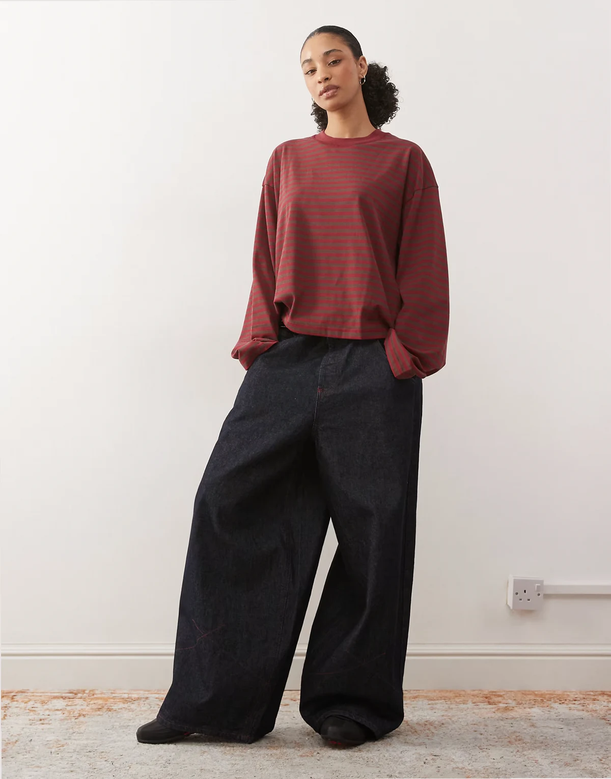 Bloom cotton blend long sleeve crew neck boxy T-shirt in chocolate and wine stripe