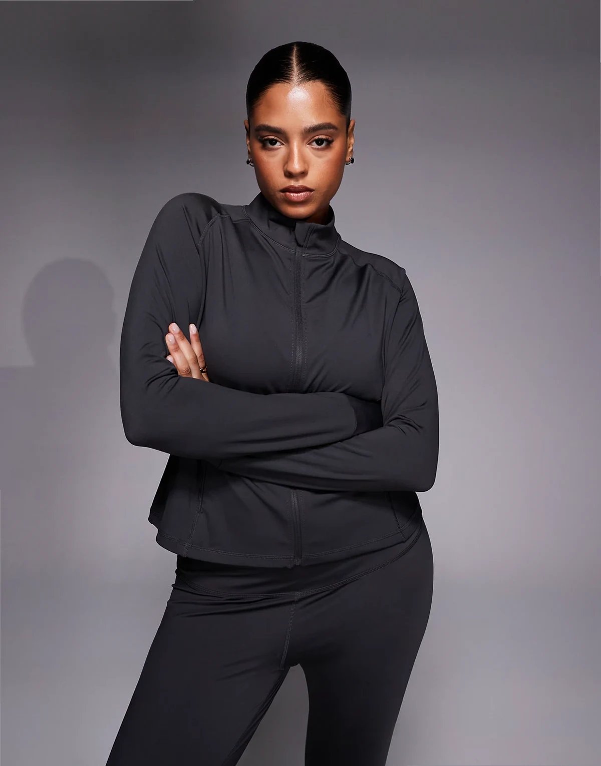 Curve Icon active zip up sculpting long sleeve jacket with zip pockets in smoke gray