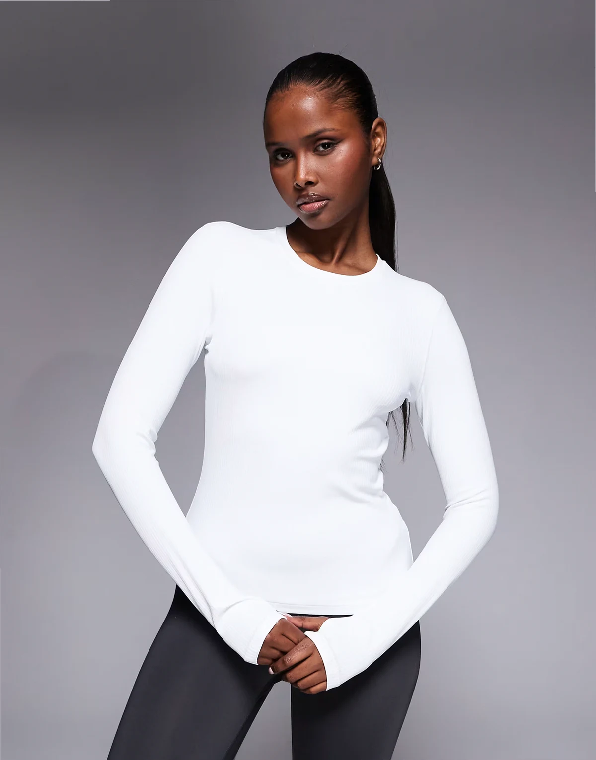 plush handle ribbed long sleeve warmup top in white