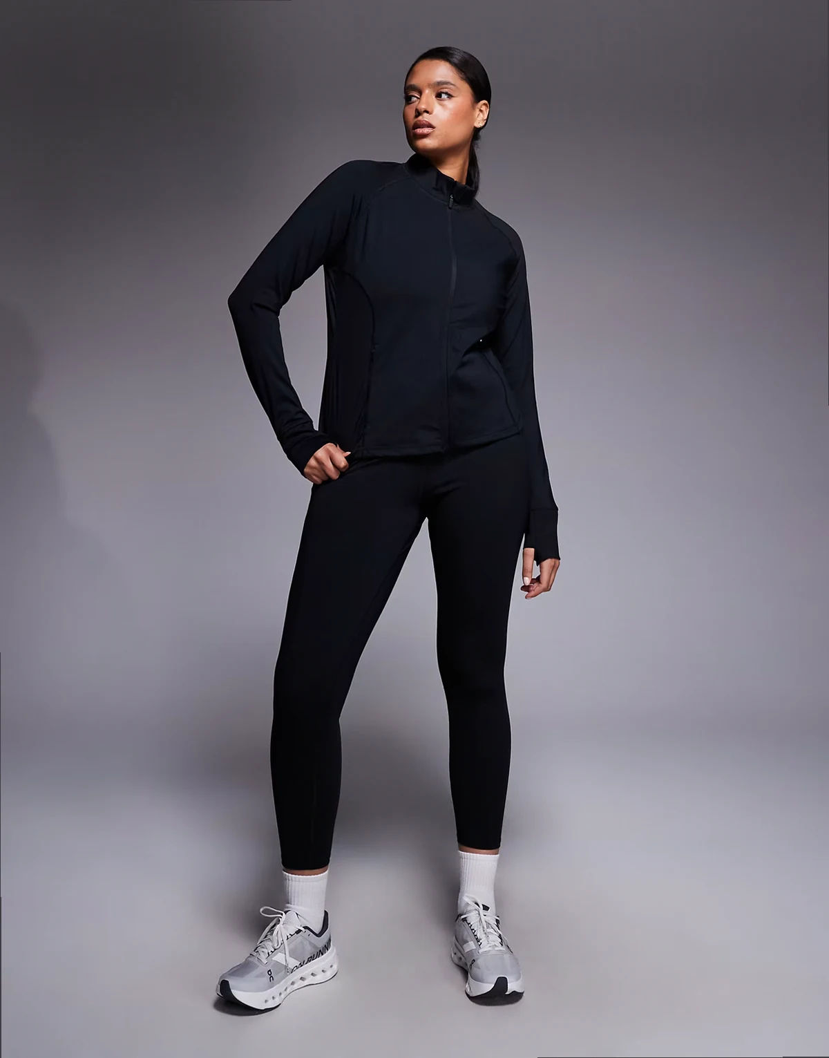 Curve Icon active zip up sculpting long sleeve jacket with zip pockets in black