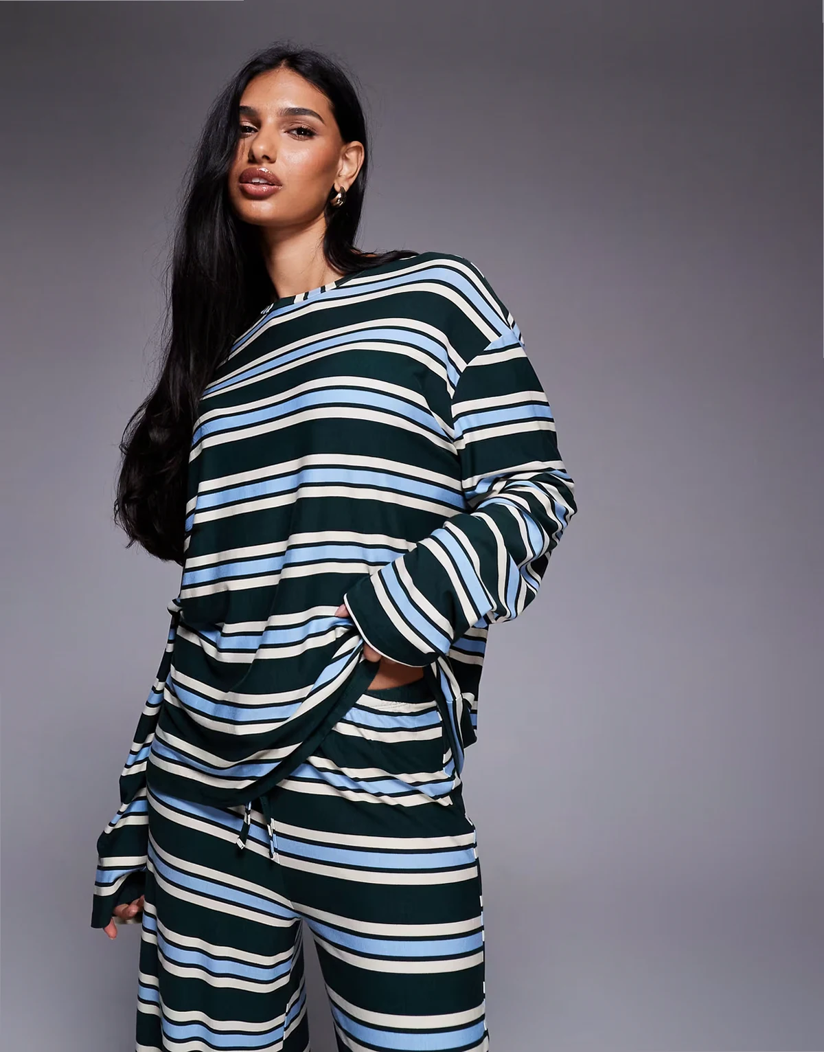 exclusive super soft jersey crew neck oversized long sleeve top in green and baby blue stripes - part of a set