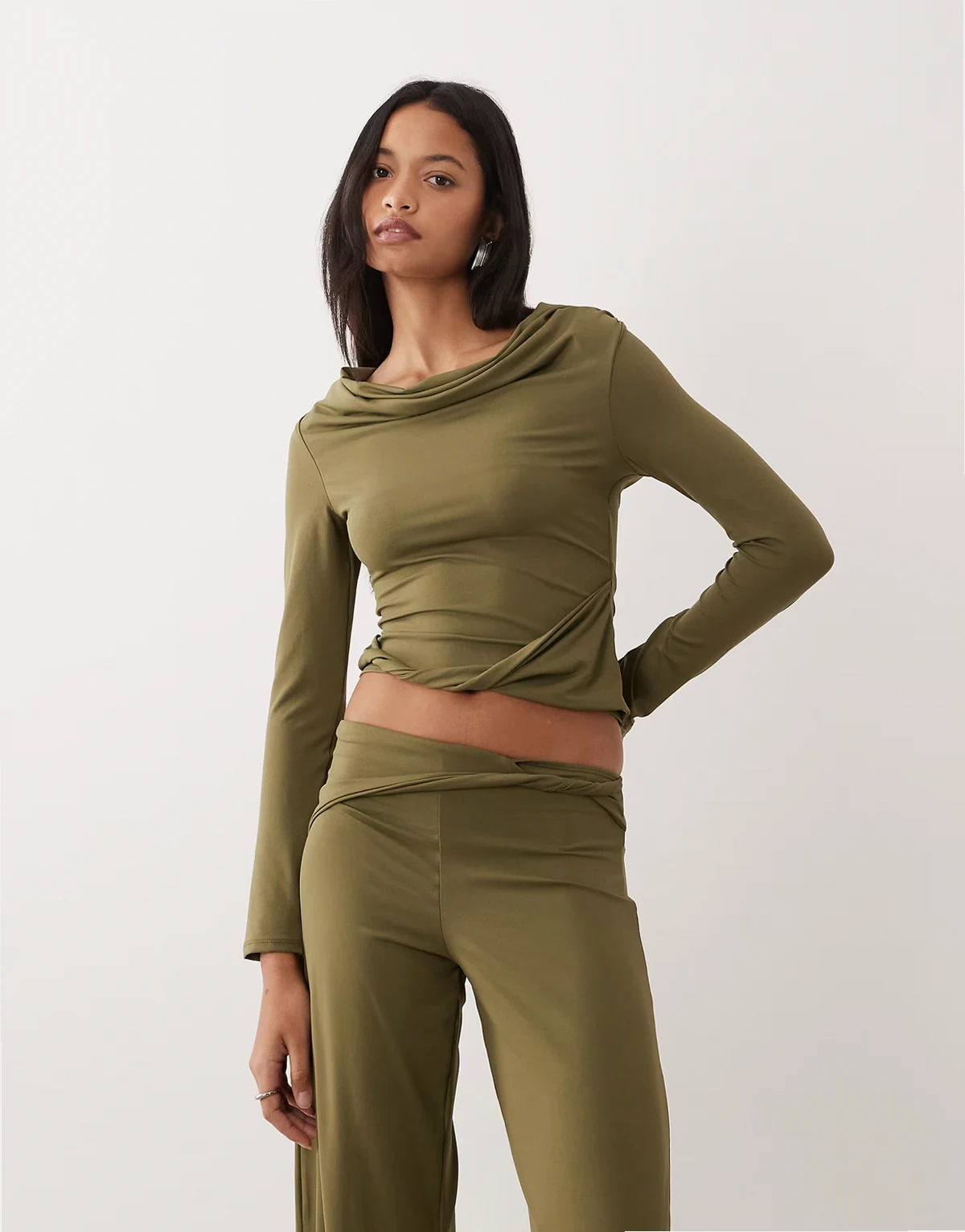 long sleeve cowl neck top with twist detail in khaki - part of a set
