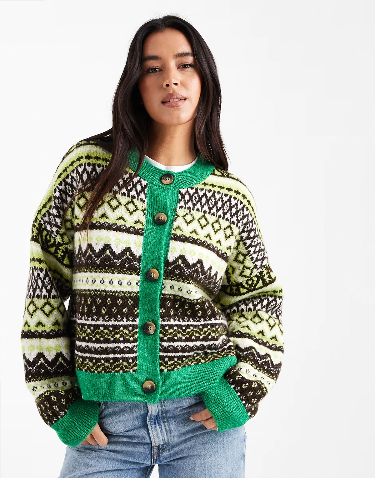knit fairisle cardigan in green