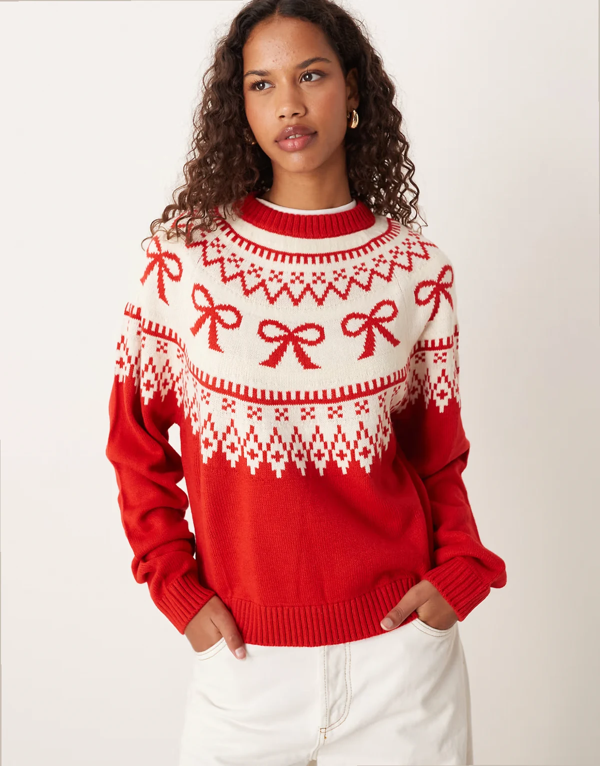 bow pattern yoke fair isle sweater in red