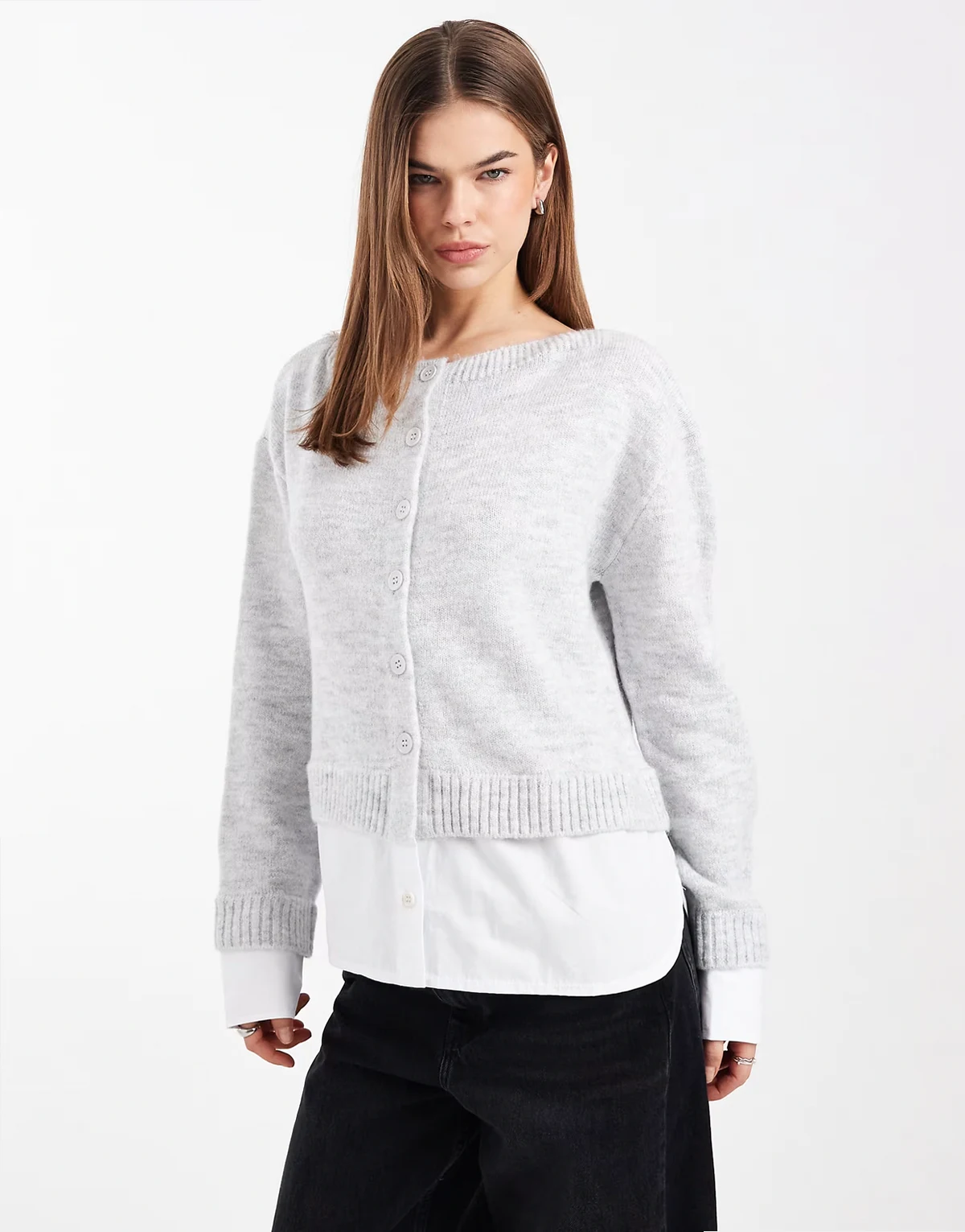 knit cardigan with 2 in 1 shirting in gray
