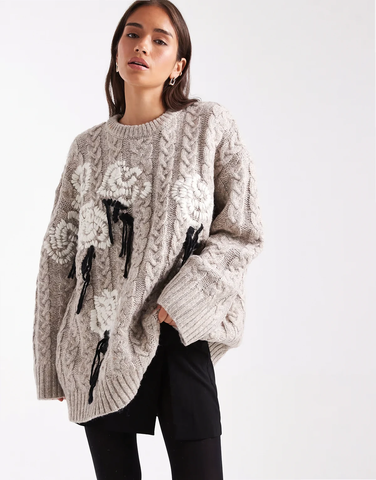 embroidered floral cable oversized sweater in oatmeal
