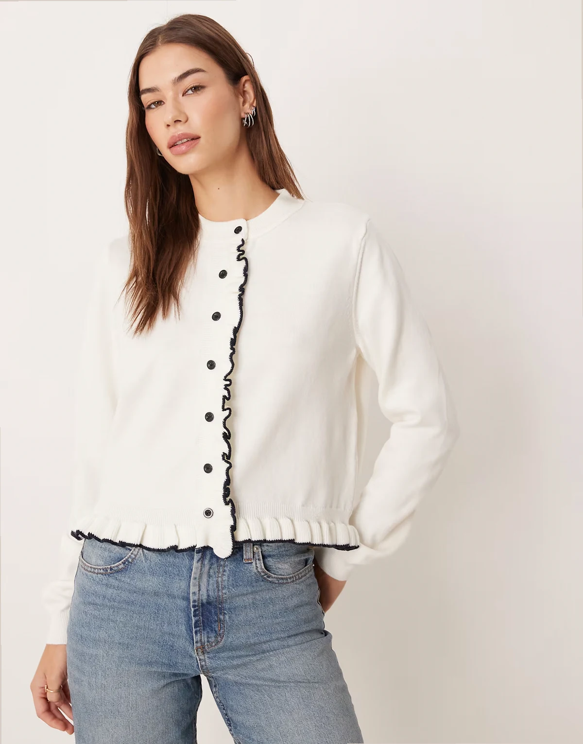 fine knit ruffle detail cardigan with contrast tipping in cream