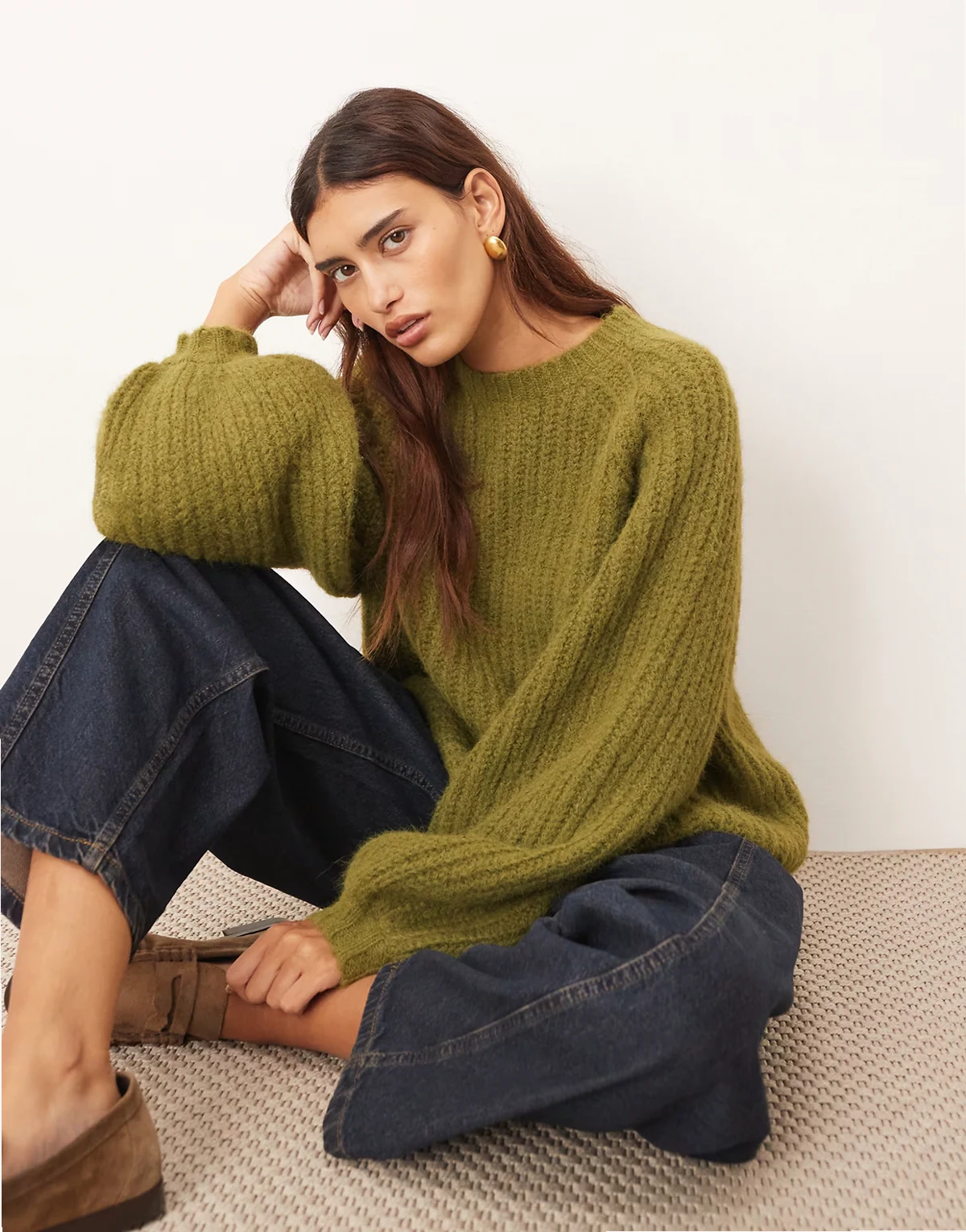 rib knit wool blend oversized sweater in khaki green