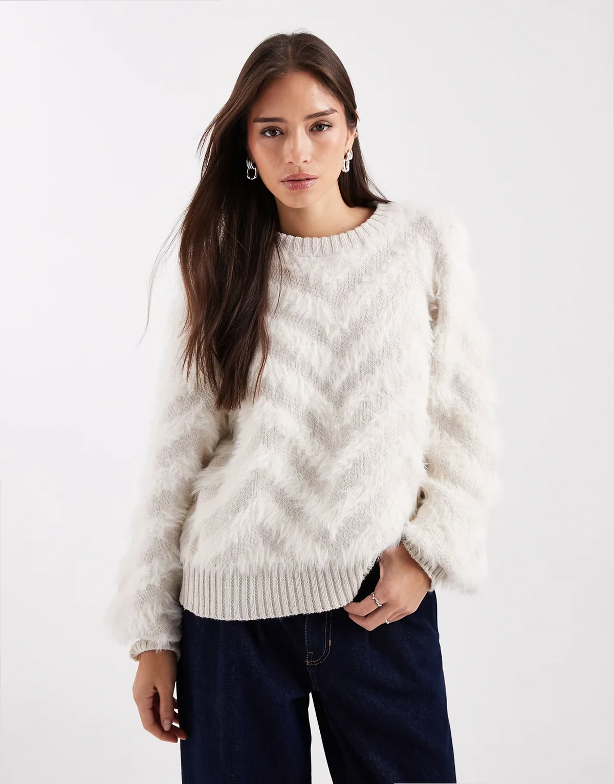 tonal fluffy chevron knit sweater in cream