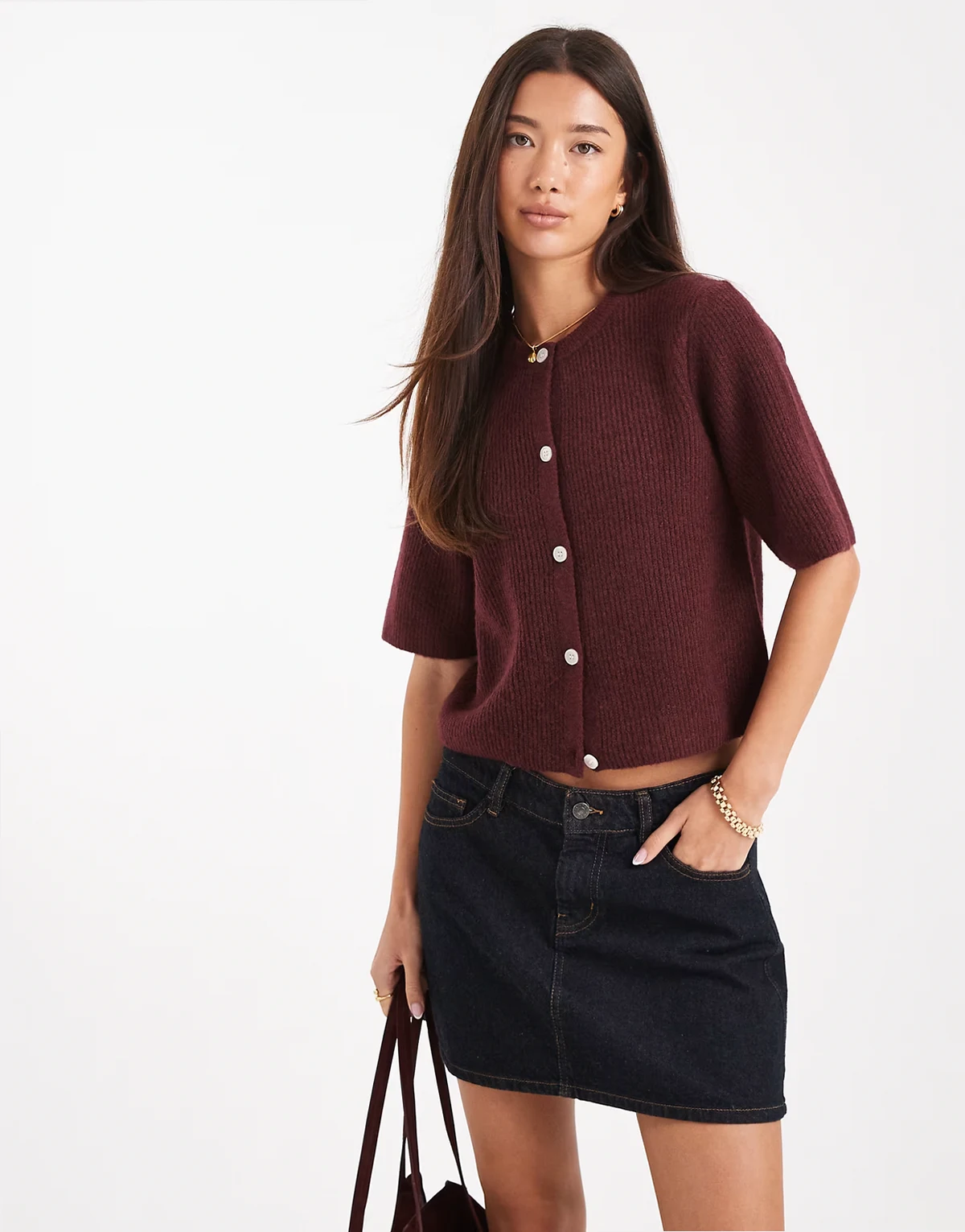 soft knit short sleeve cardigan in burgundy