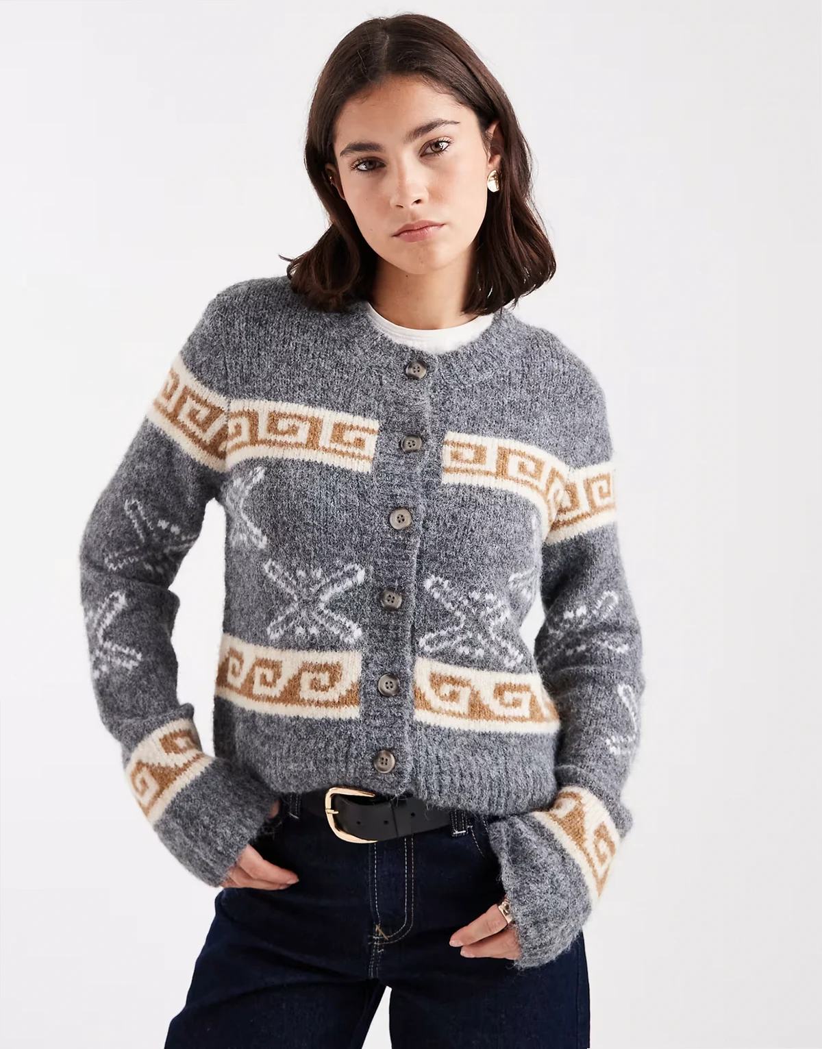 jacquard print knit cardigan in medium gray melange