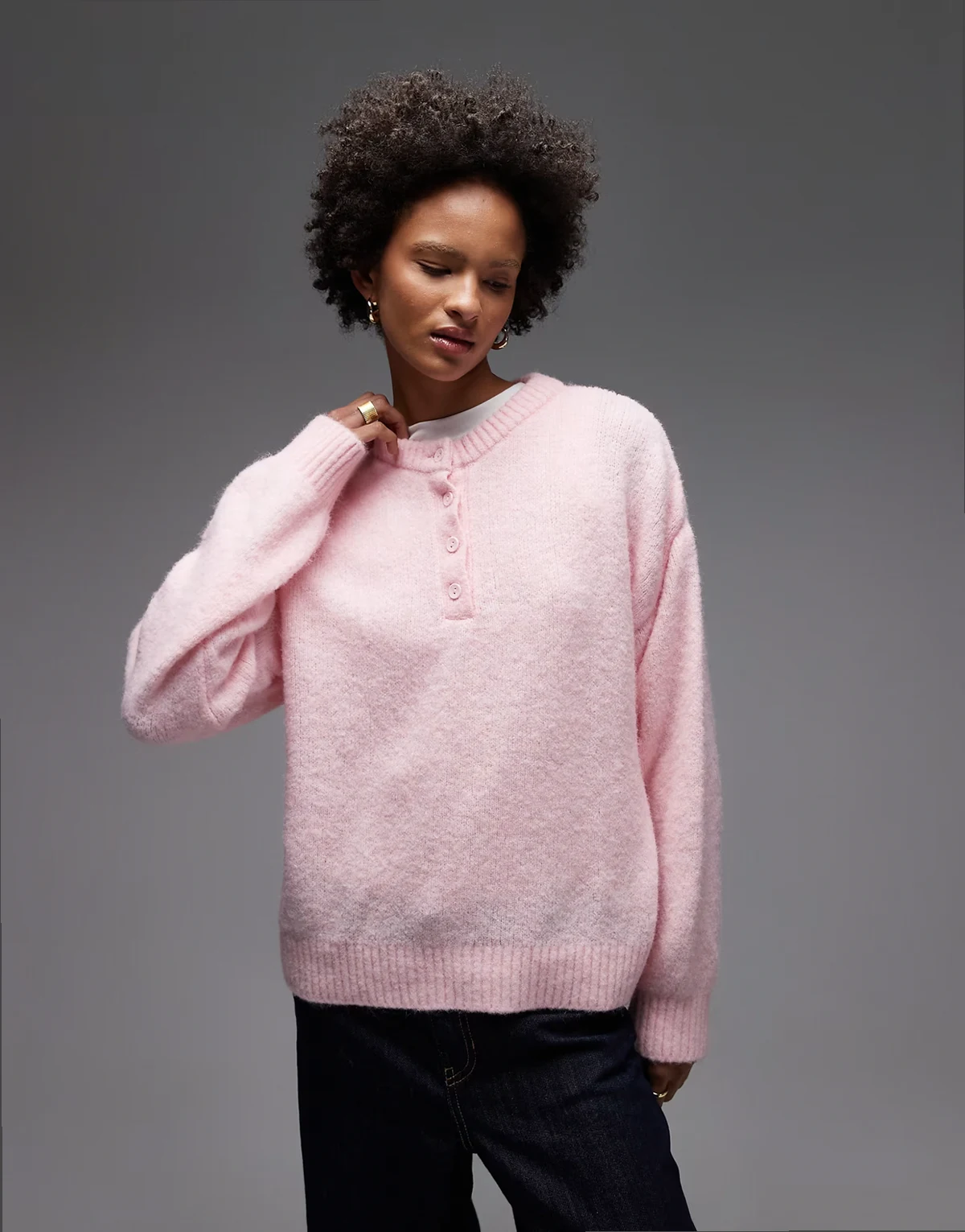 knit oversized wool blend henley sweater in pink