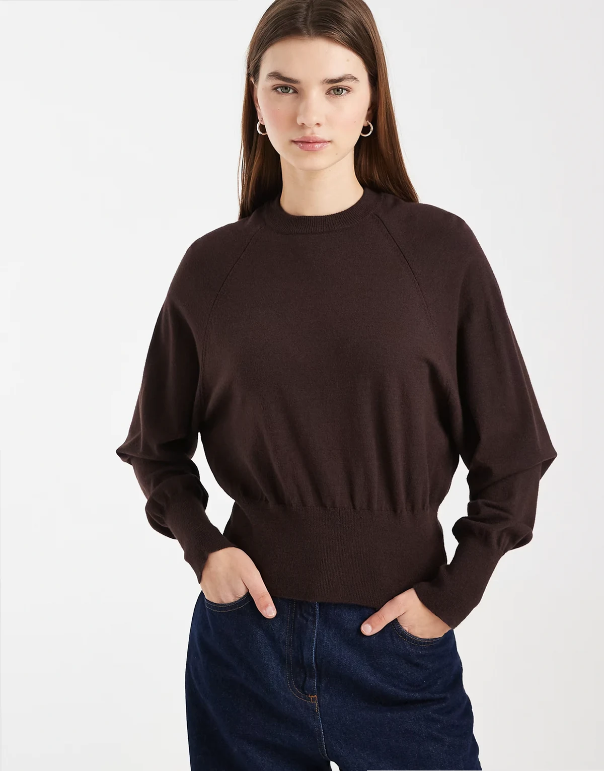 fine knit cinched batwing sweater in brown