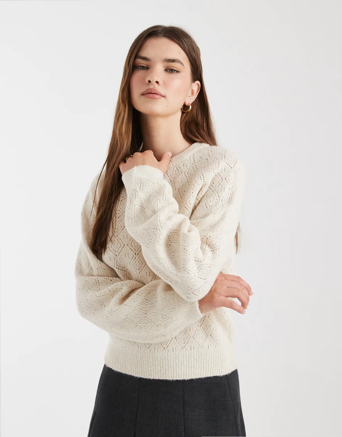 knit lace look sweater in ecru