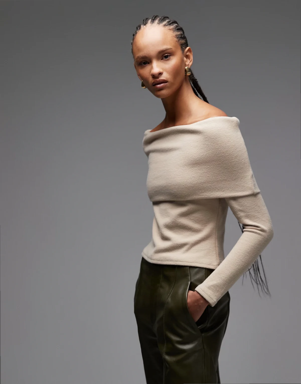 Supersoft fold over off shoulder top in beige
