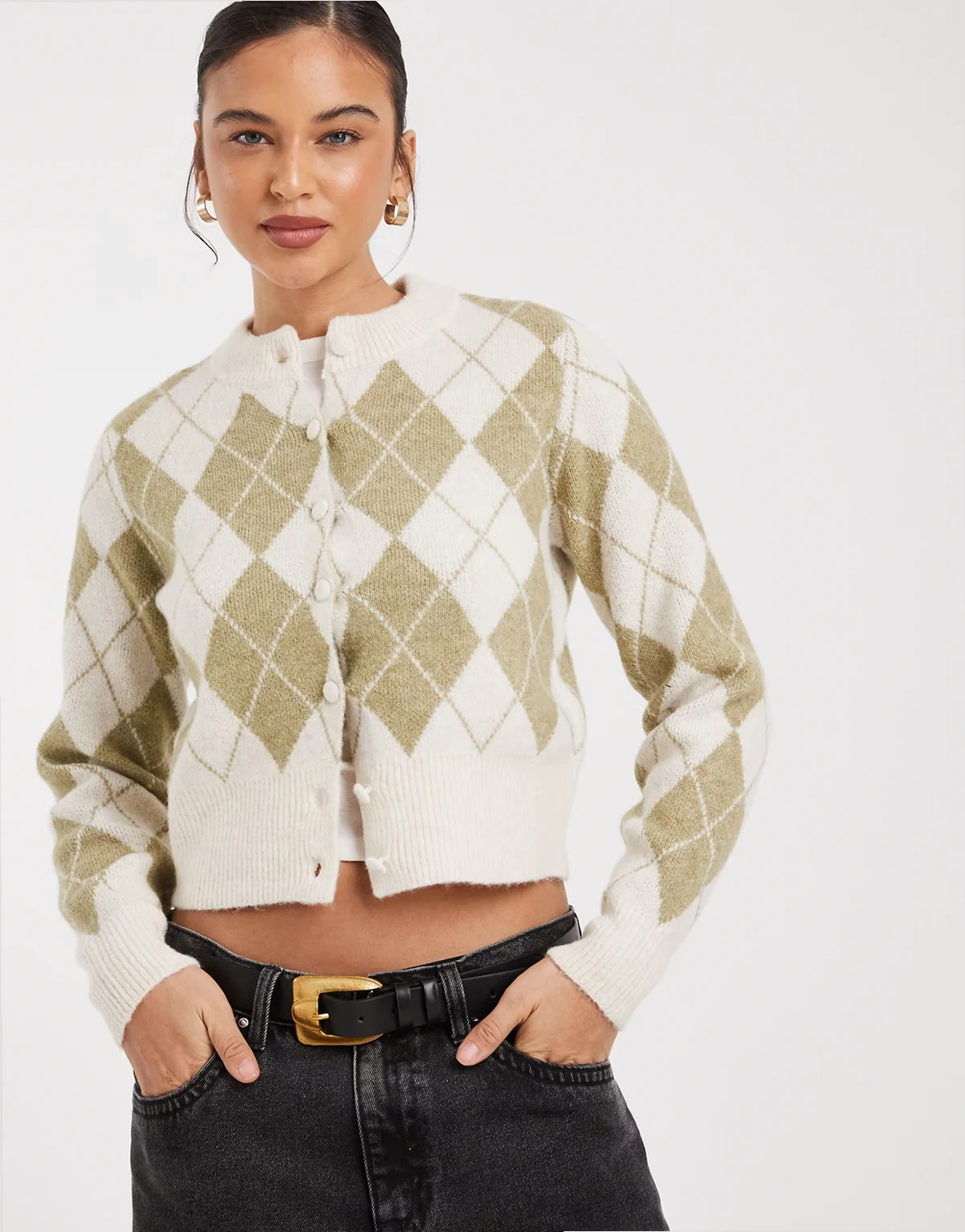 – Cropped-Strickjacke in Khaki mit kariertem Rautenmuster