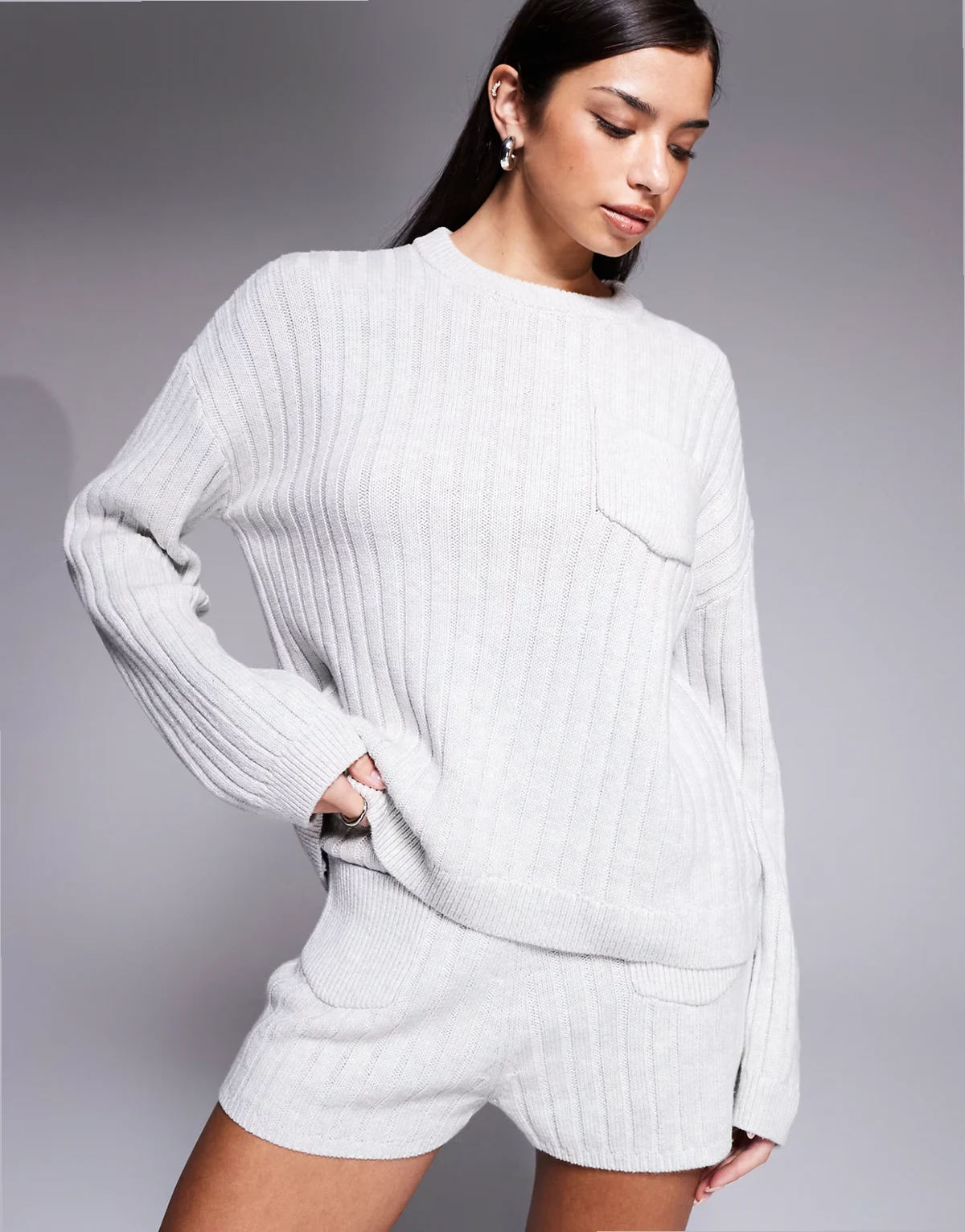 exclusive cotton rich ribbed knit pocket front sweater in gray - part of a set