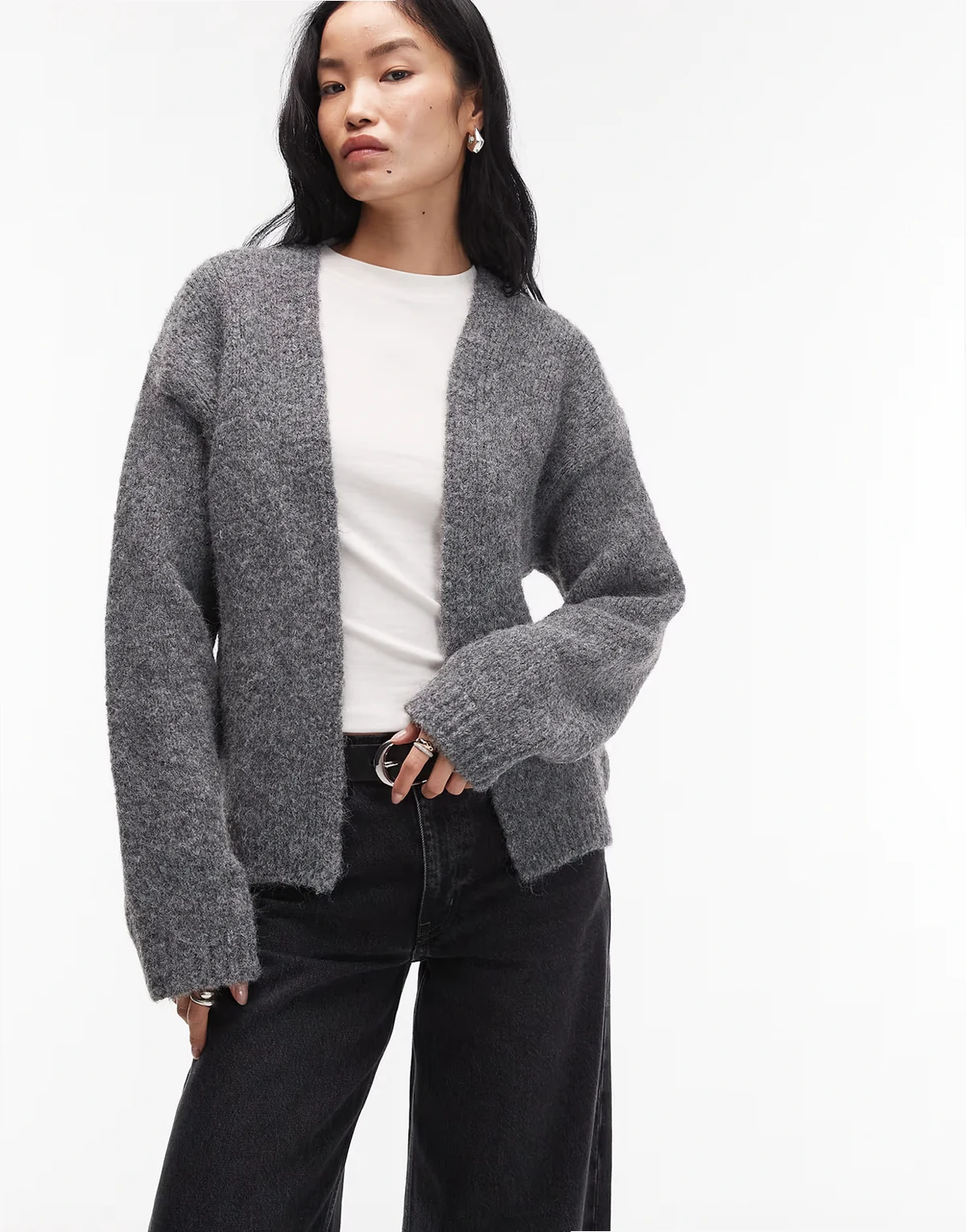 knit edge to edge wool blend cardigan in charcoal