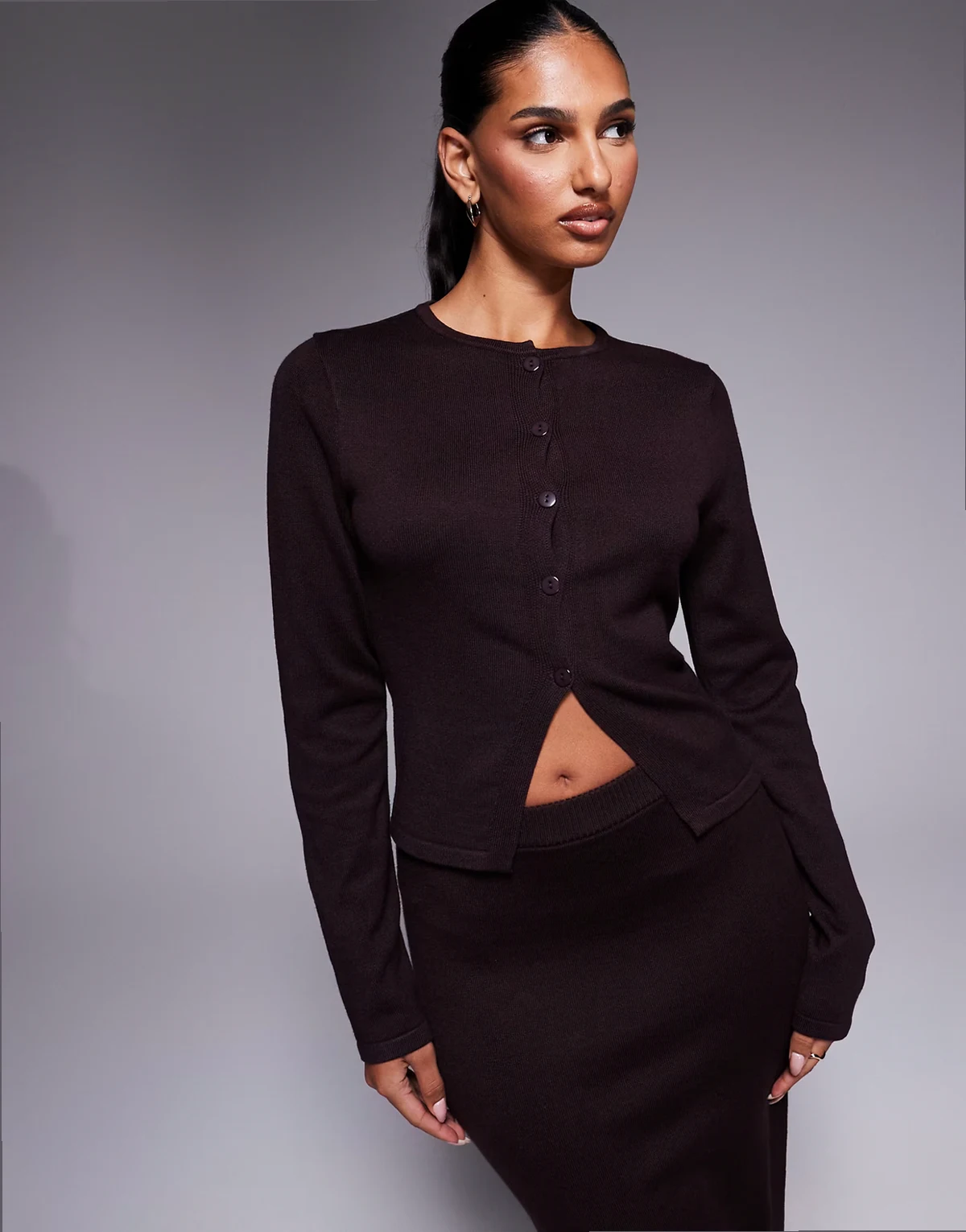 exclusive button up slit front long sleeve cardigan in chocolate - part of a set