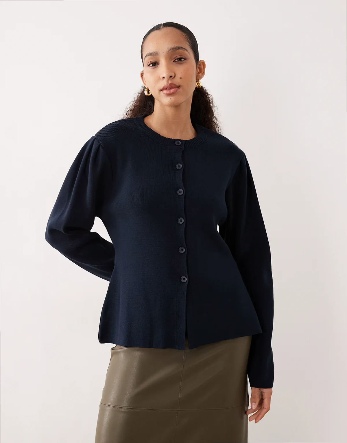 structured knit nipped waist puff sleeve cardigan in navy