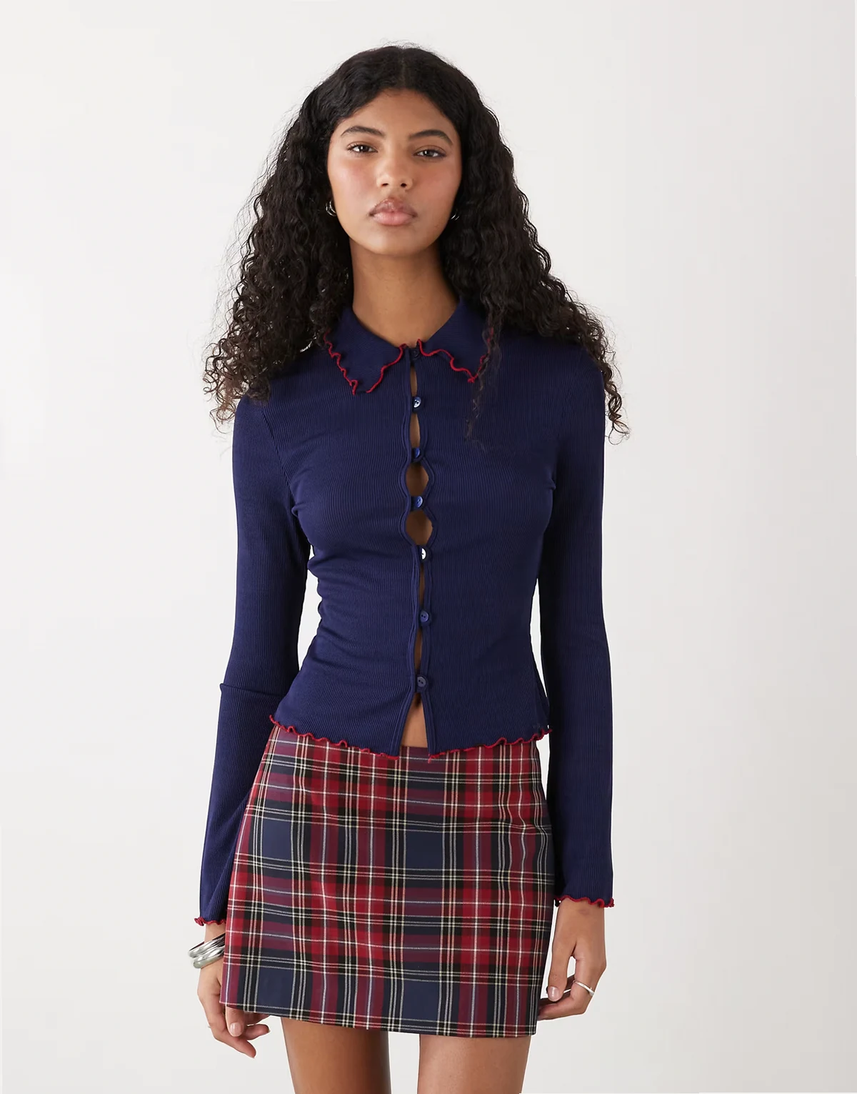 rib knit collared cardigan with contrast lettuce edges in navy