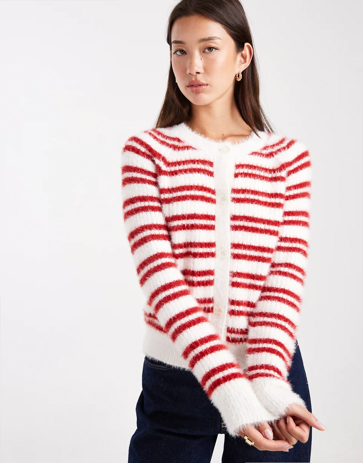 crew neck fluffy cardigan in ecru and red stripes