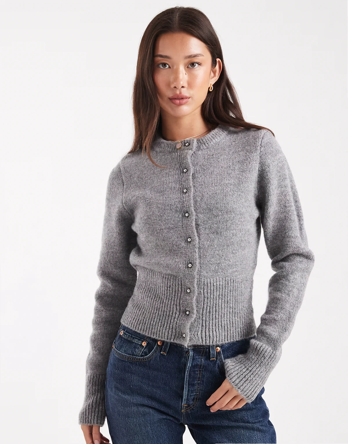 fluffy neat fit knit cardigan in gray