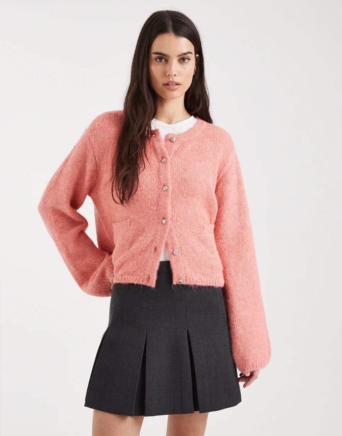 slouchy knit cardigan with pocket detail in living coral