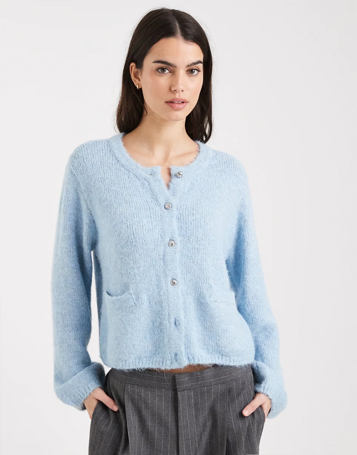 slouchy knit cardigan with pocket detailing in aqua haze