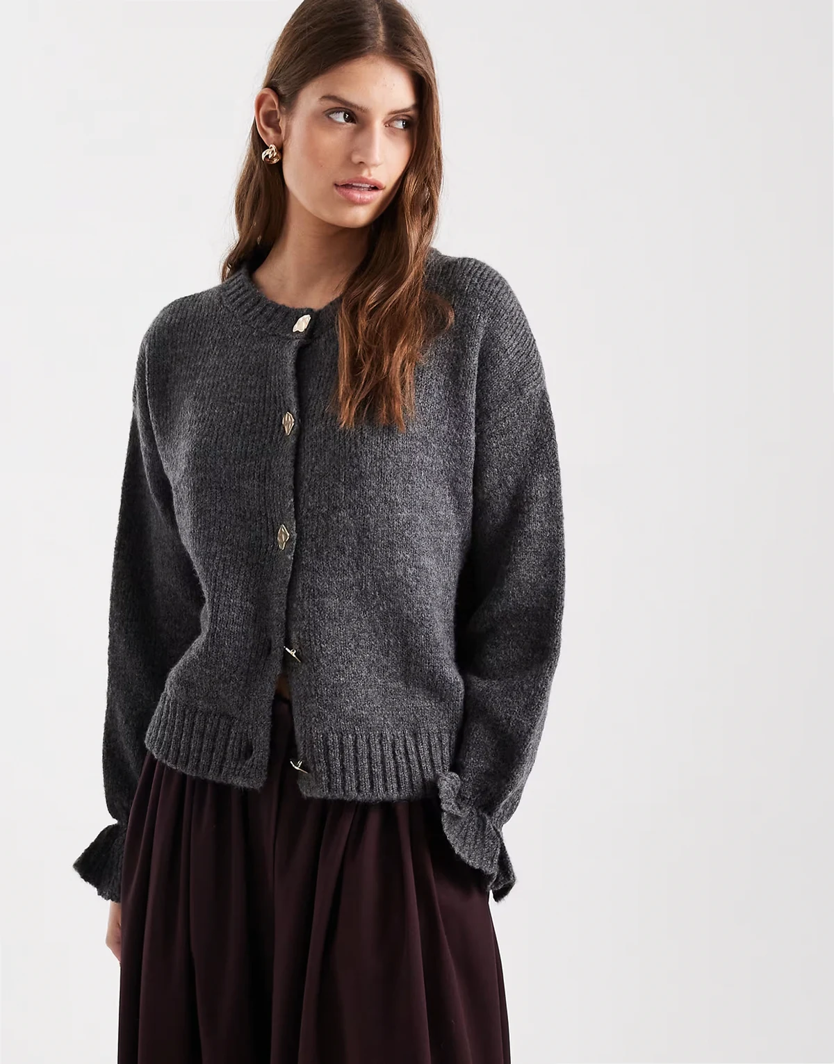 knit cardigan with gold buttons in charcoal