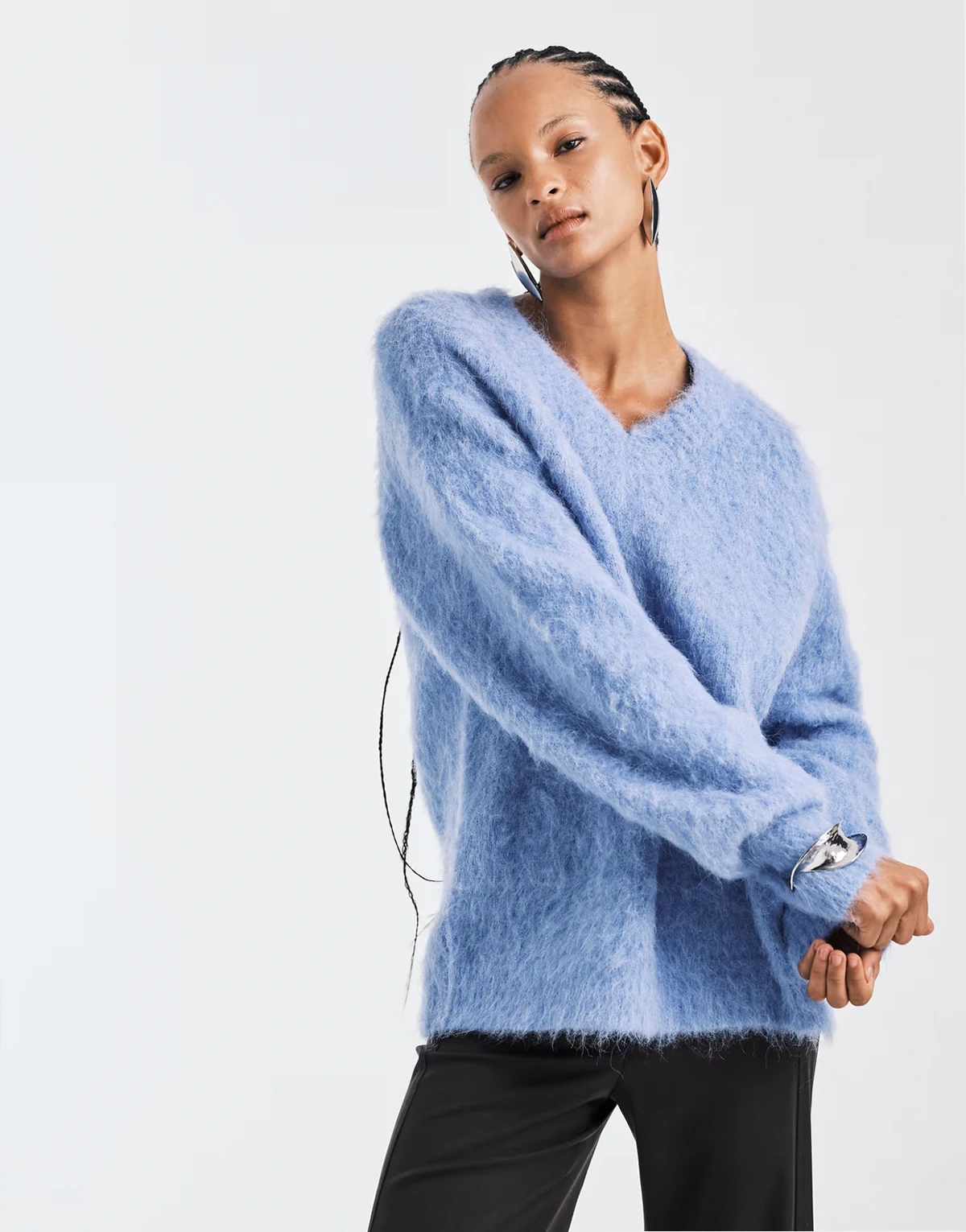 brushed oversized premium alpaca blend v-neck sweater in blue