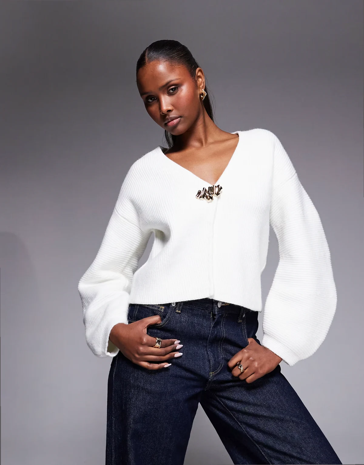 gold detail knit cardigan in cream