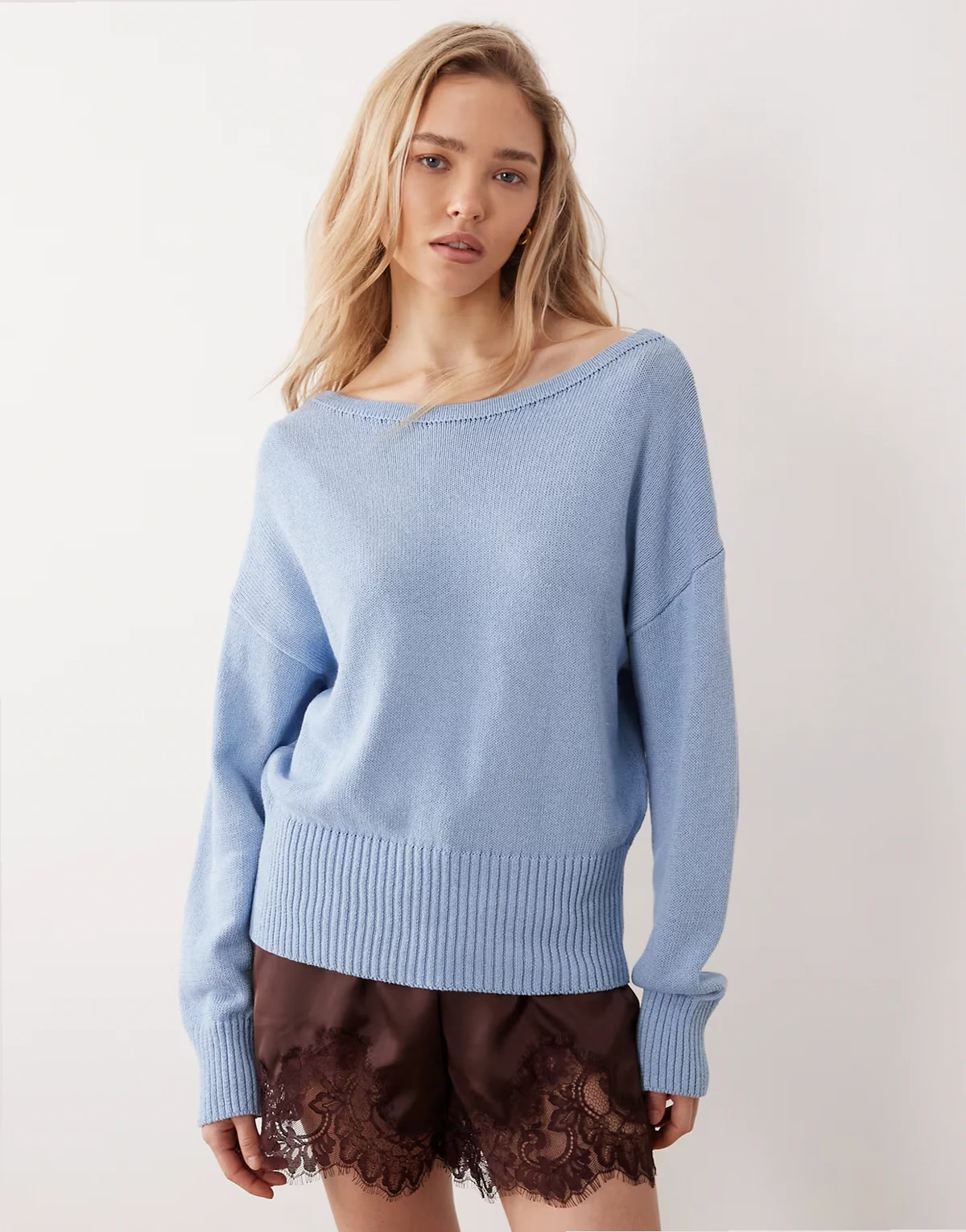 knit off-the-shoulder sweater in light blue