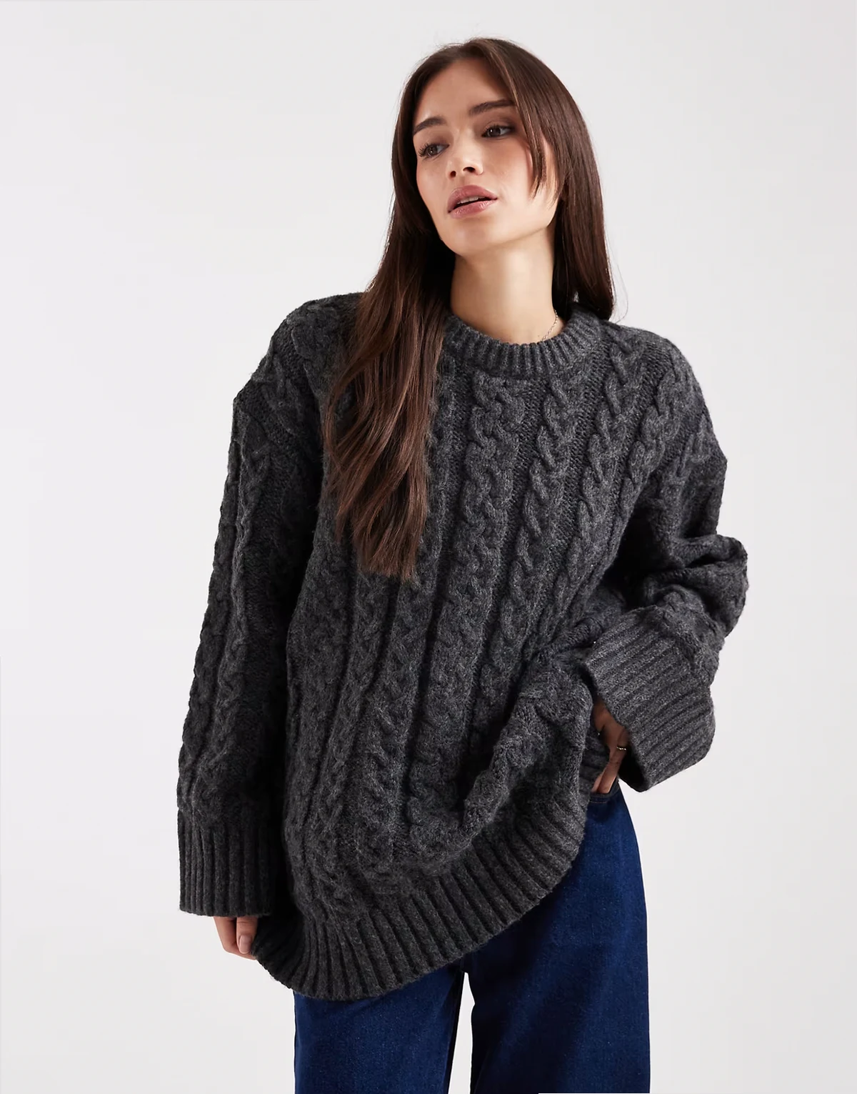 oversized crew neck cable knit sweater in charcoal