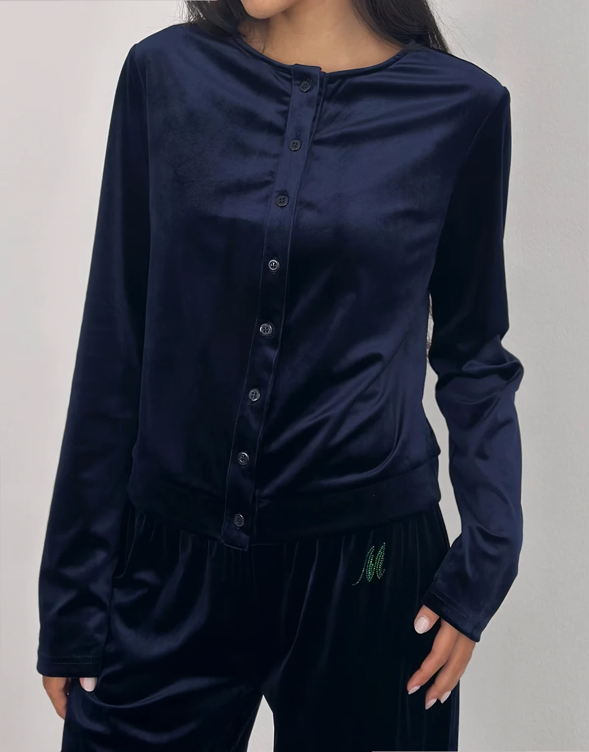 Kellen button up velour cardigan in navy - part of a set