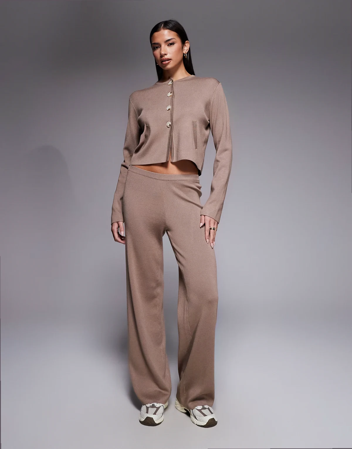 Exclusive knit button front pocket detail cardigan in taupe - part of a set