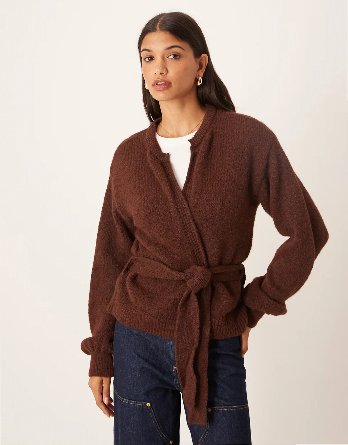 knit oversized cardigan with tie waist with wool in brown