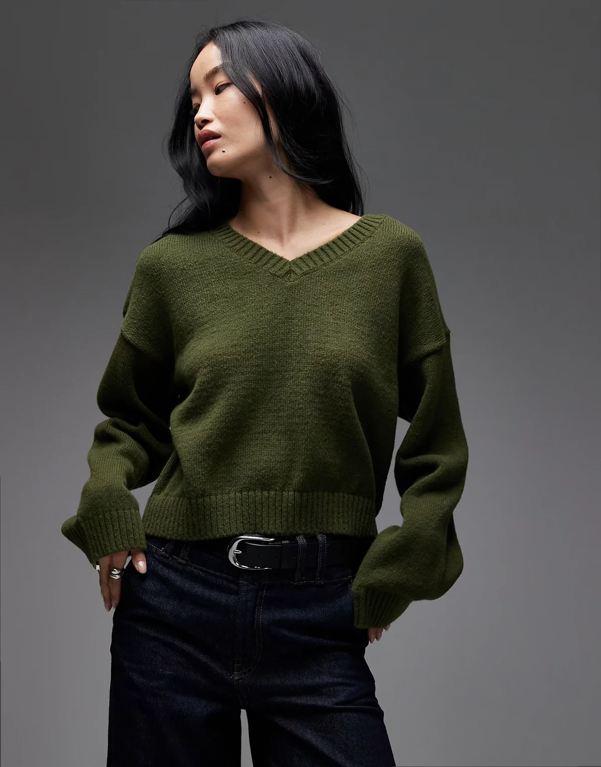knit wide sleeve v-neck sweater in khaki