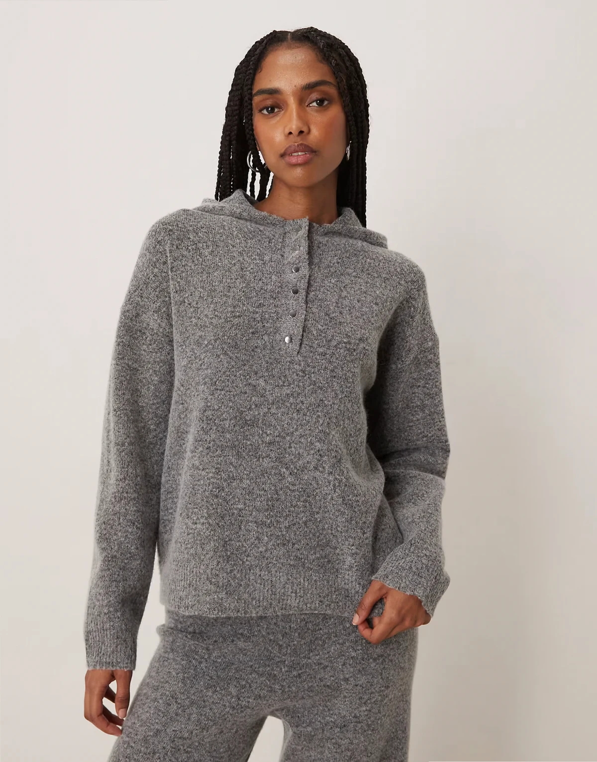 button front knit hoodie in medium gray melange - part of a set