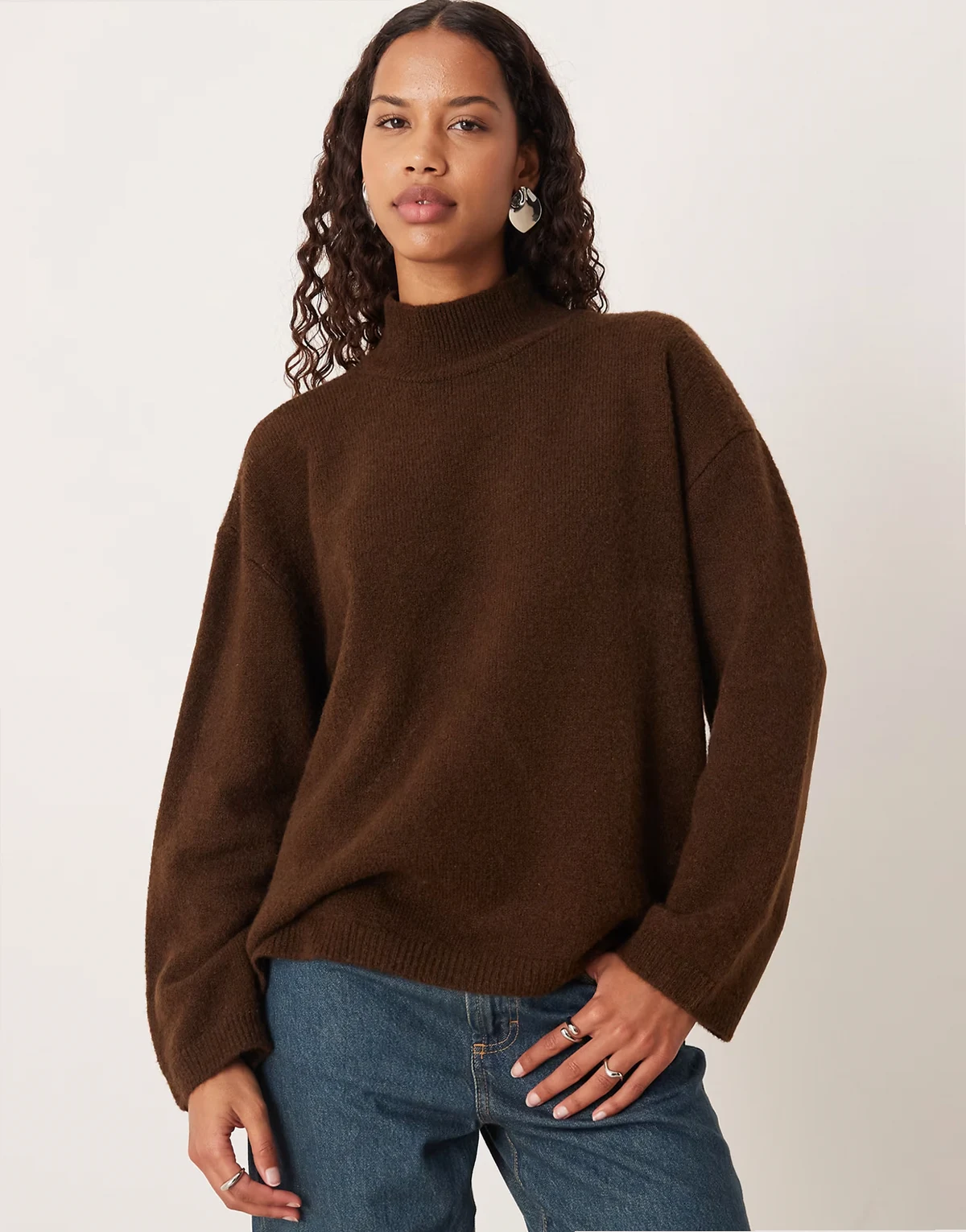 longline sweater with funnel neck in chocolate