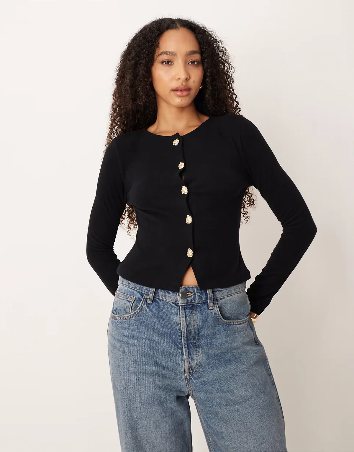 supersoft neat fit cardigan with gold button detail in black