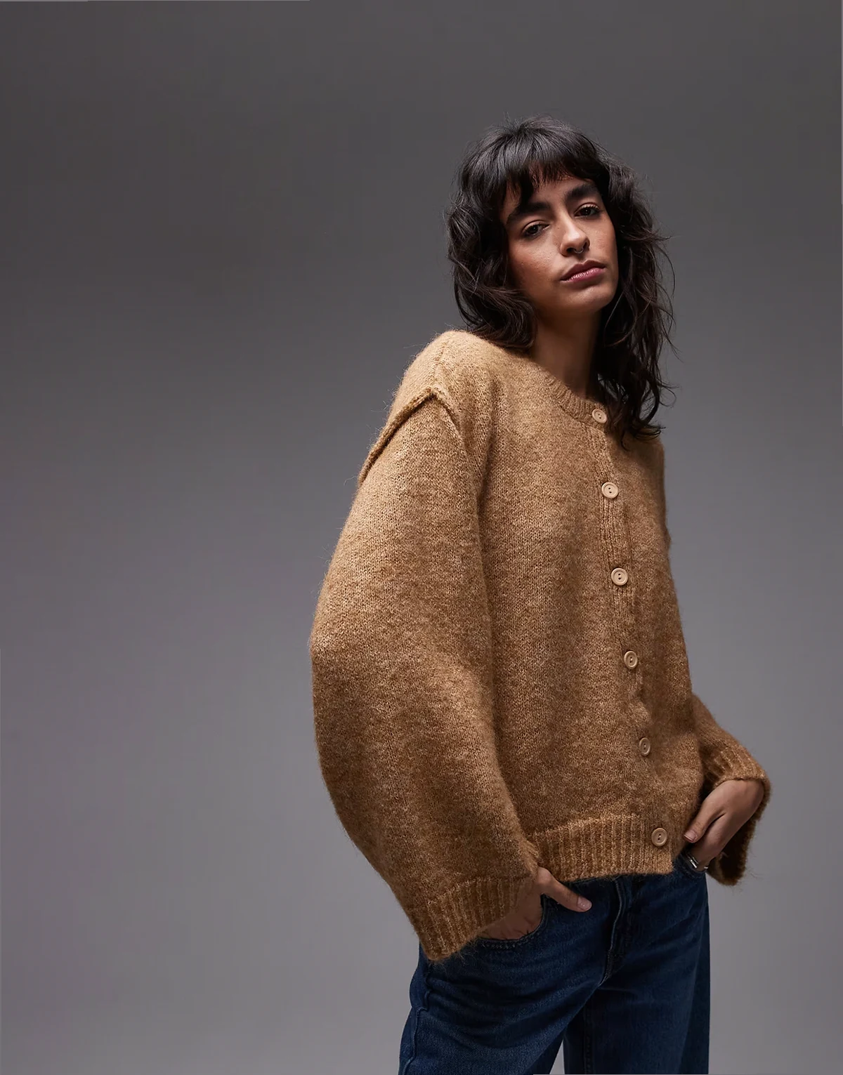 knit cardigan with wool and exposed seams in mocha