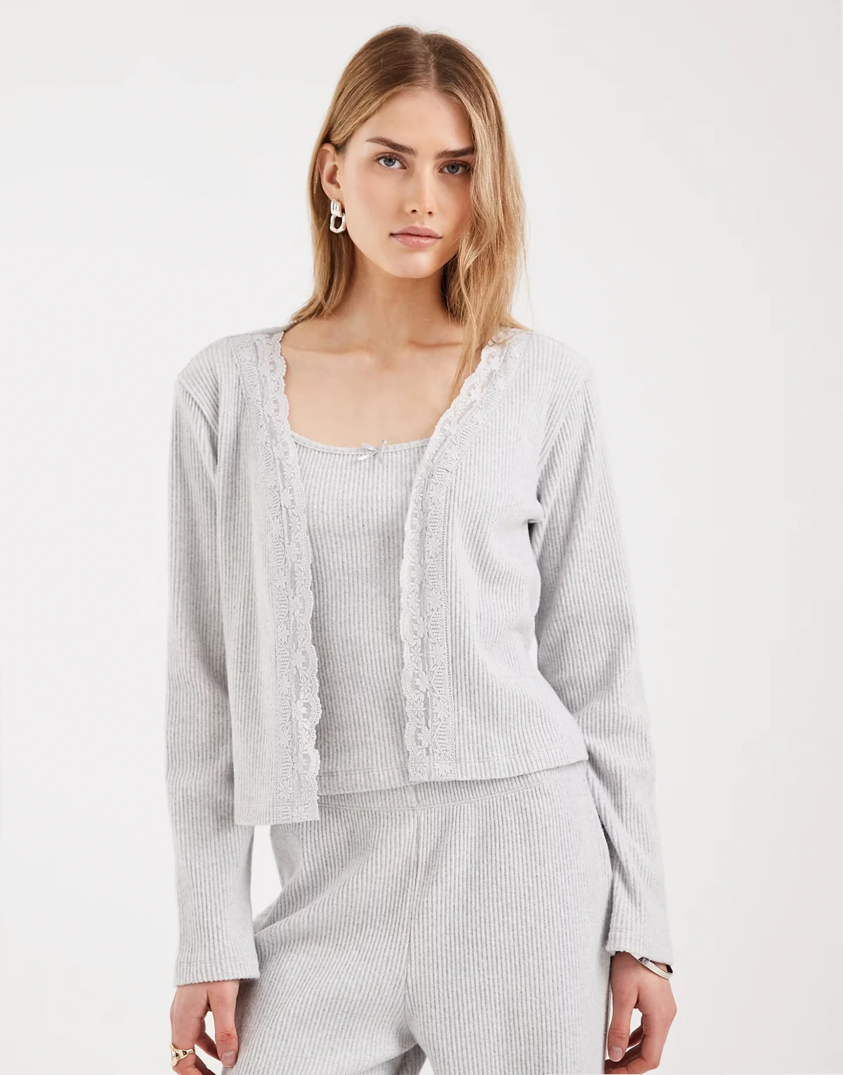 brushed rib knit cardigan with lace in light gray - part of a set