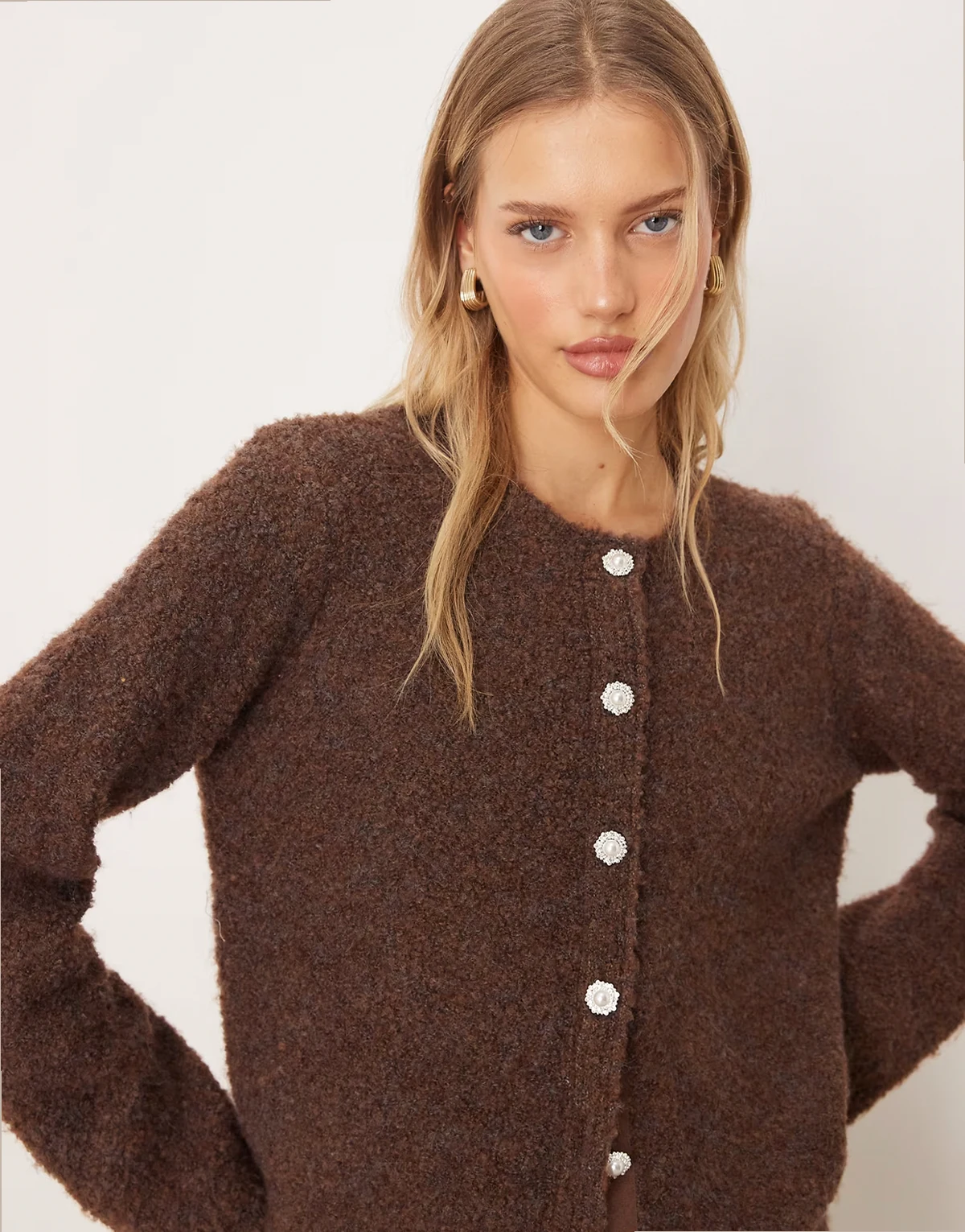 boucle cardigan with ornate buttons in chocolate brown - part of a set