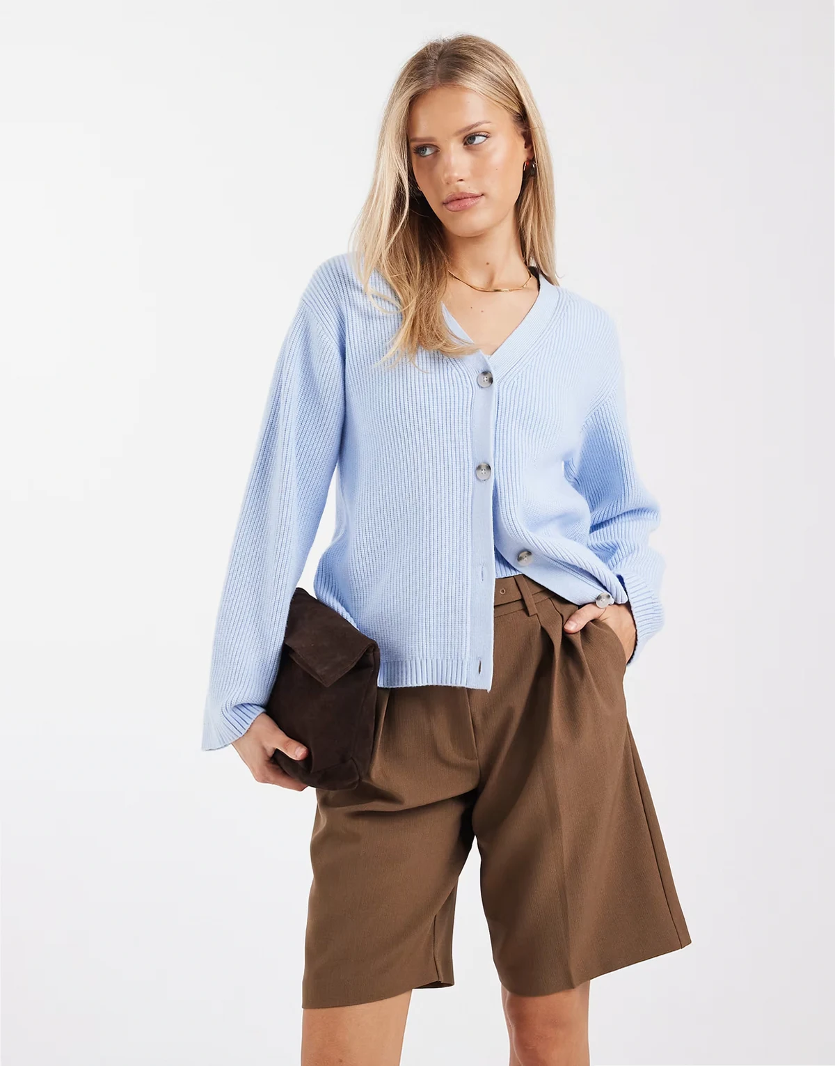 ribbed knit cardigan in light blue - part of a set