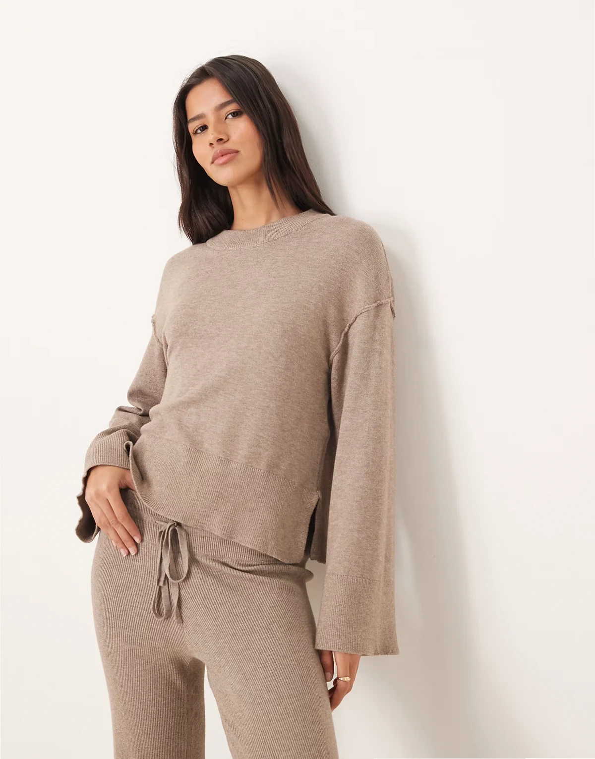 long sleeve crew neck fine knit sweater in brown melange - part of a set