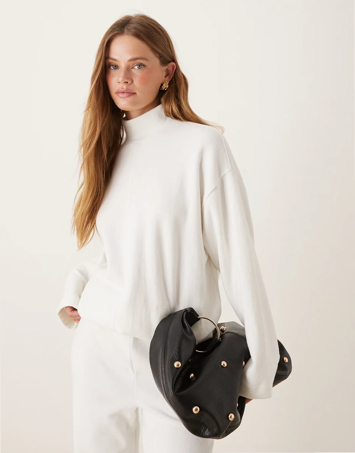 Supersoft seam front longline turtle neck top in winter white - part of a set