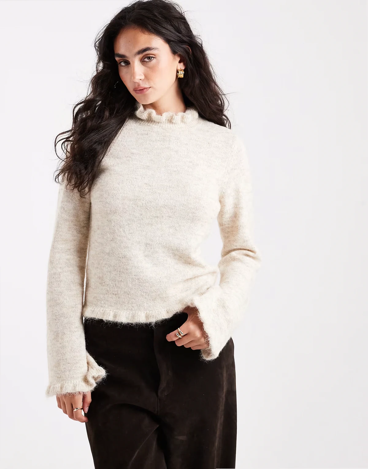frill neck knit sweater in cream melange