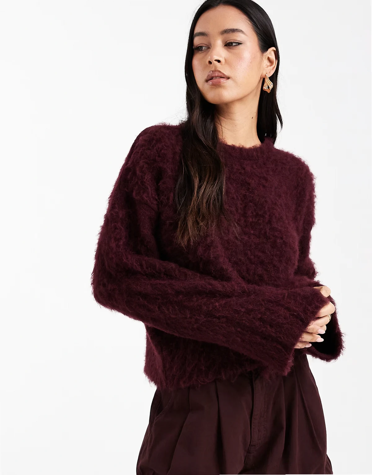 brushed oversized knit wool blend sweater in plum