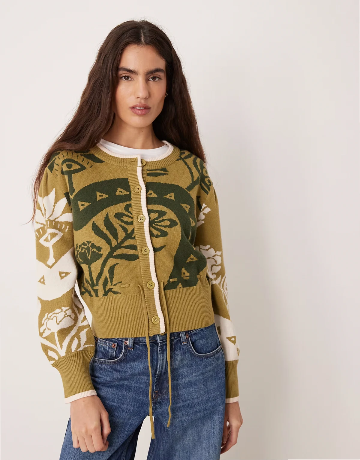 cropped cinched waist cardigan in khaki print